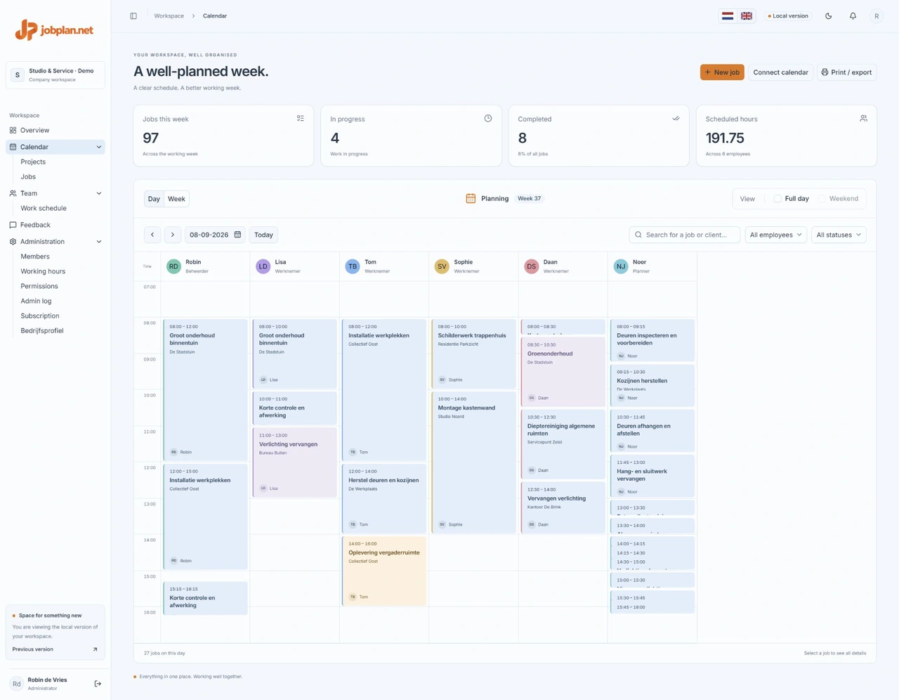 Daily planning in Jobplan, with fictional business data