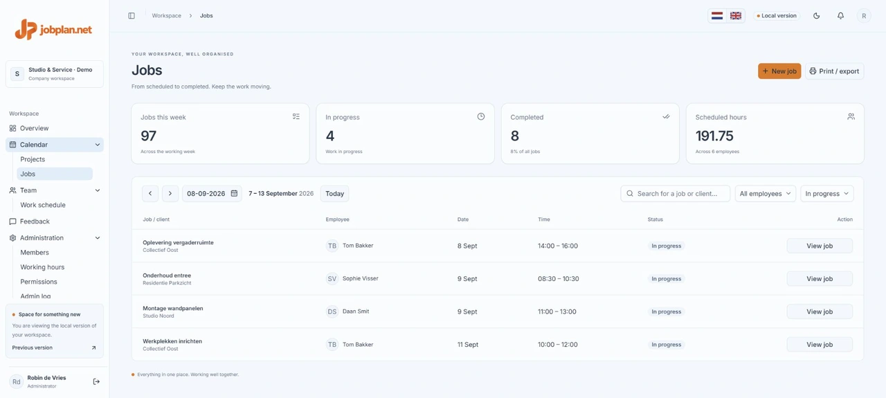 Jobs in Jobplan, with fictional business data