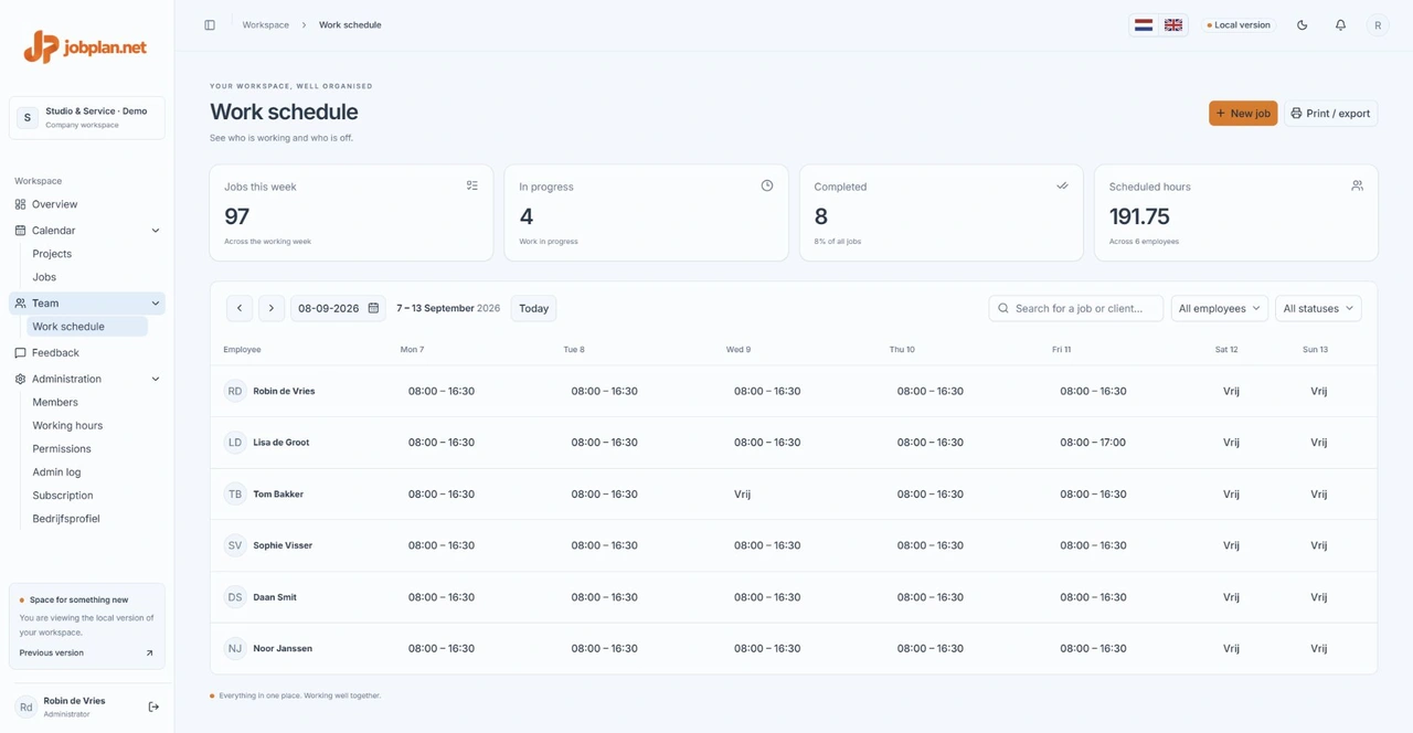 Work schedules in Jobplan, with fictional business data