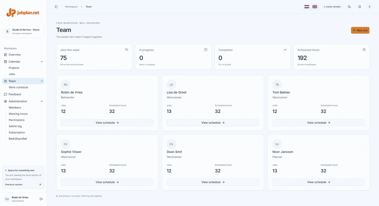Team in Jobplan, with fictional business data