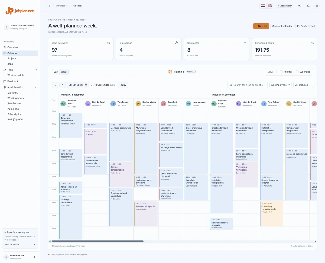 Weekly calendar in Jobplan, with fictional business data