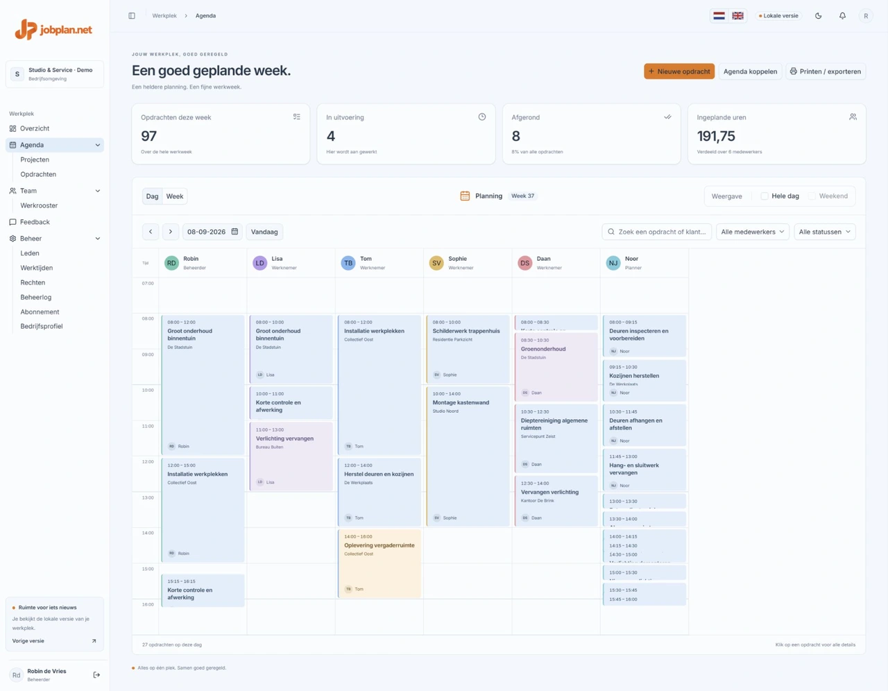 Dagplanning in Jobplan, met fictieve bedrijfsgegevens