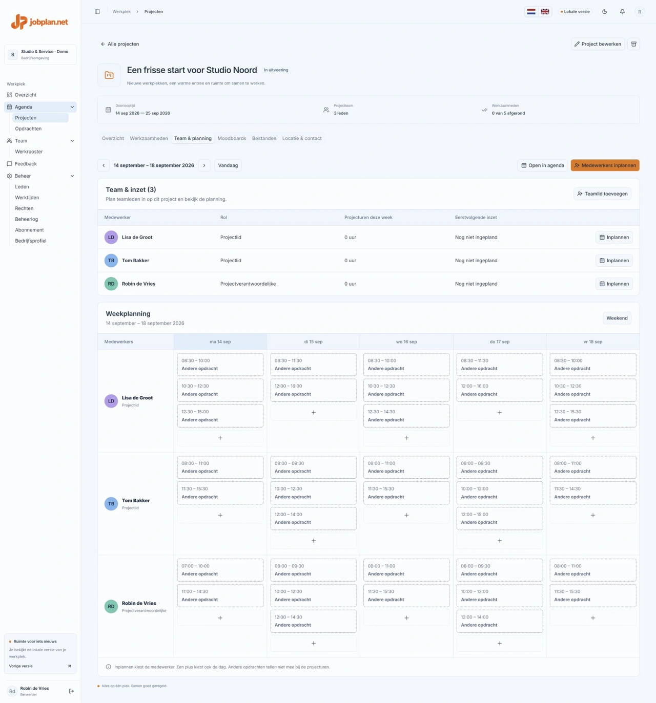 Huidige projectpagina met Team & planning, medewerkerkleuren en weekplanning met fictieve gegevens