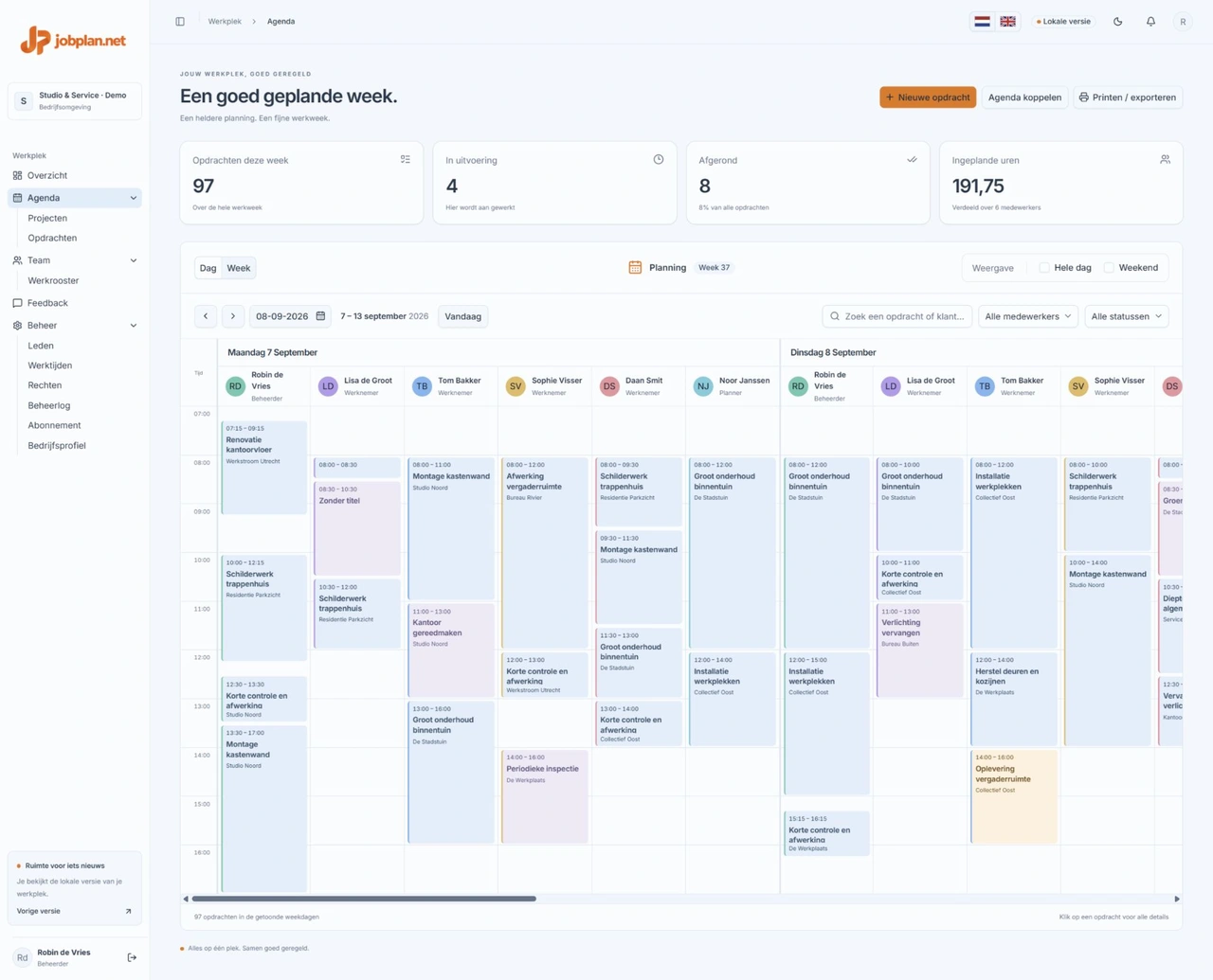 Weekagenda in Jobplan, met fictieve bedrijfsgegevens